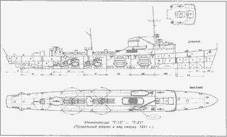 Миноносцы "Т-13" - "Т-21" (Продольный разрез и вид сверху 1941 г.)